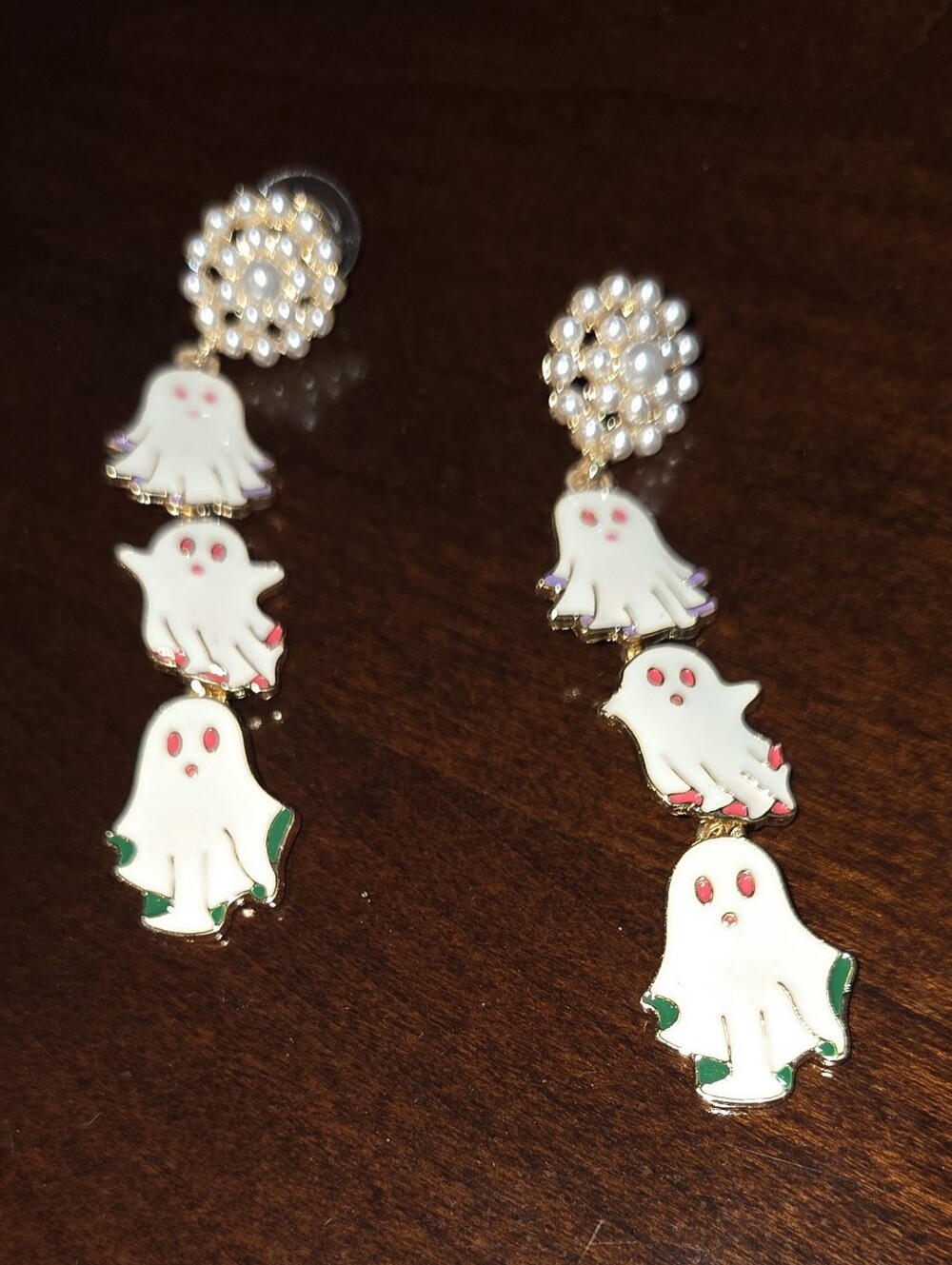 Faux Pearl Top White Ghost Dangle Earrings